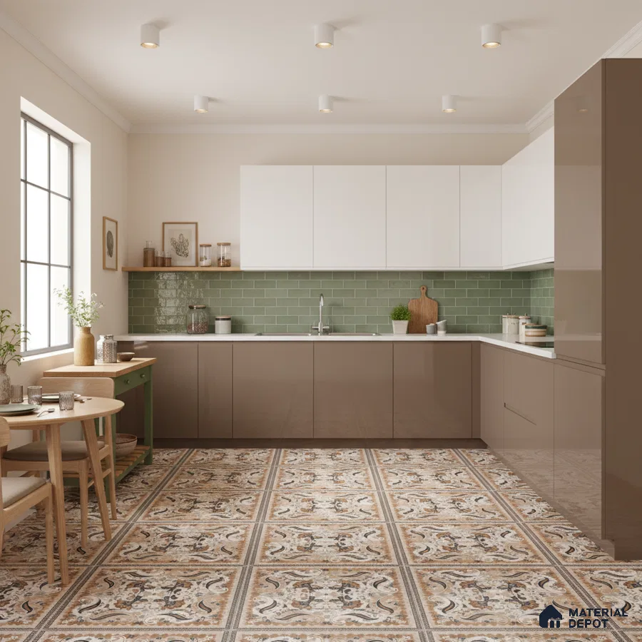 Modern kitchen with glossy taupe laminate, white laminate, green subway tile backsplash, and patterned floor tiles in Bengaluru