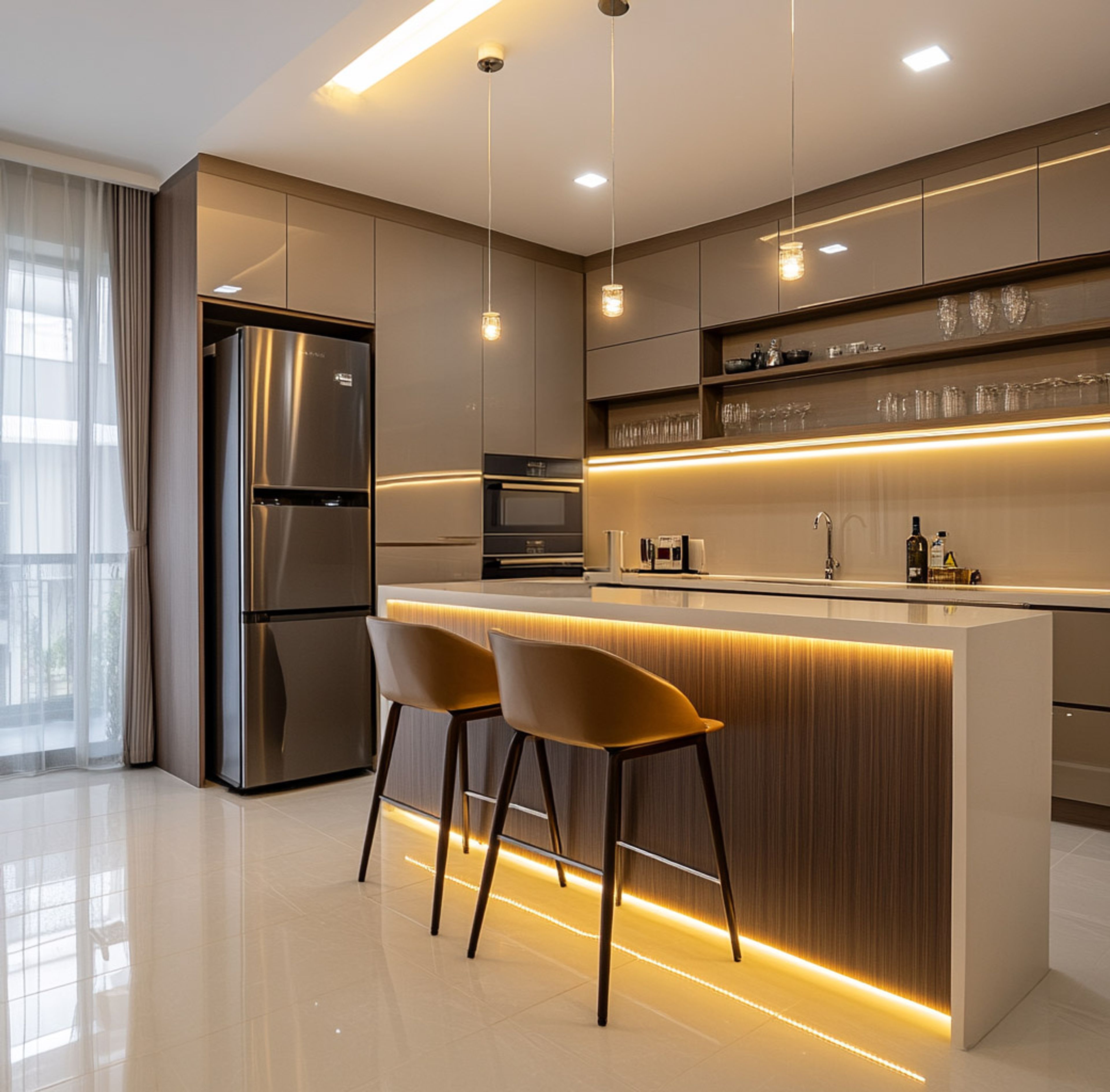 Modern kitchen with glossy taupe laminate, white quartz countertop, and wood grain island panel in Bengaluru | Material Depot