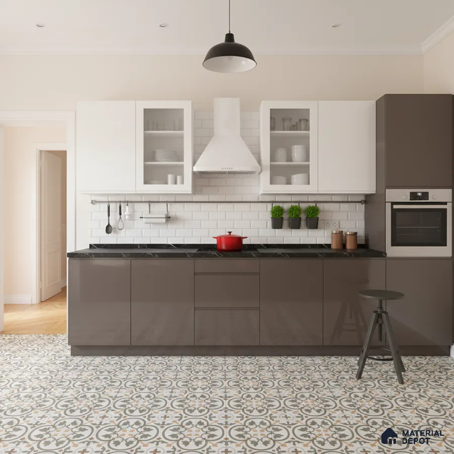 Modern kitchen with glossy taupe laminate, white subway backsplash tile, and patterned floor tile in Bengaluru