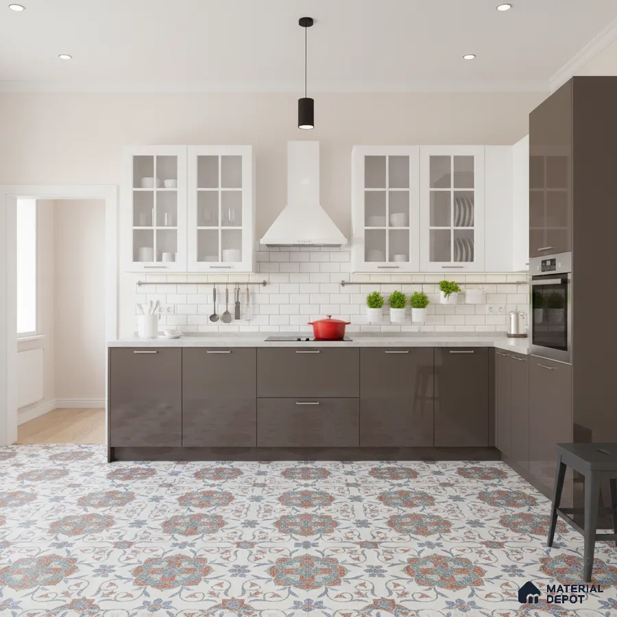 Modern kitchen with glossy taupe laminate, white subway tile backsplash, and patterned moroccan floor tiles in Bengaluru