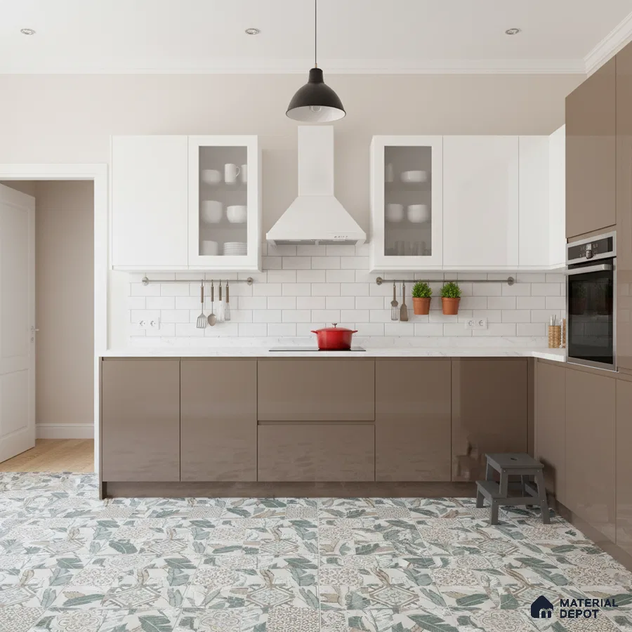 Modern kitchen with glossy taupe laminate, white upper cabinets, subway tile backsplash, and floral patterned floor tiles in Bengaluru