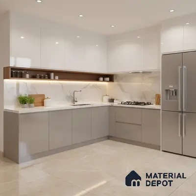 Modern kitchen with glossy white and grey laminate, marble-look backsplash, and beige marble floor tiles in Bengaluru