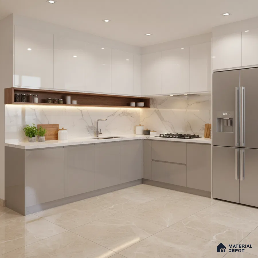 Modern kitchen with glossy white and grey laminate, marble-look backsplash, and beige marble floor tiles in Bengaluru