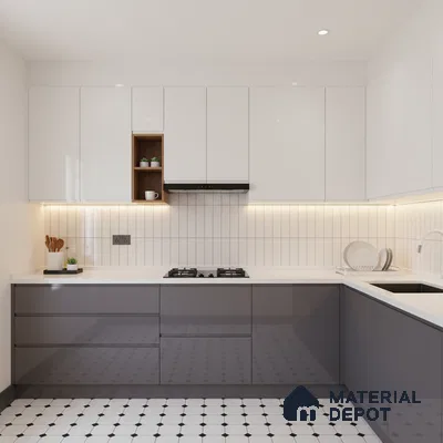 Modern kitchen with glossy white and grey laminate, white quartz countertop, and geometric patterned floor tile in Bengaluru
