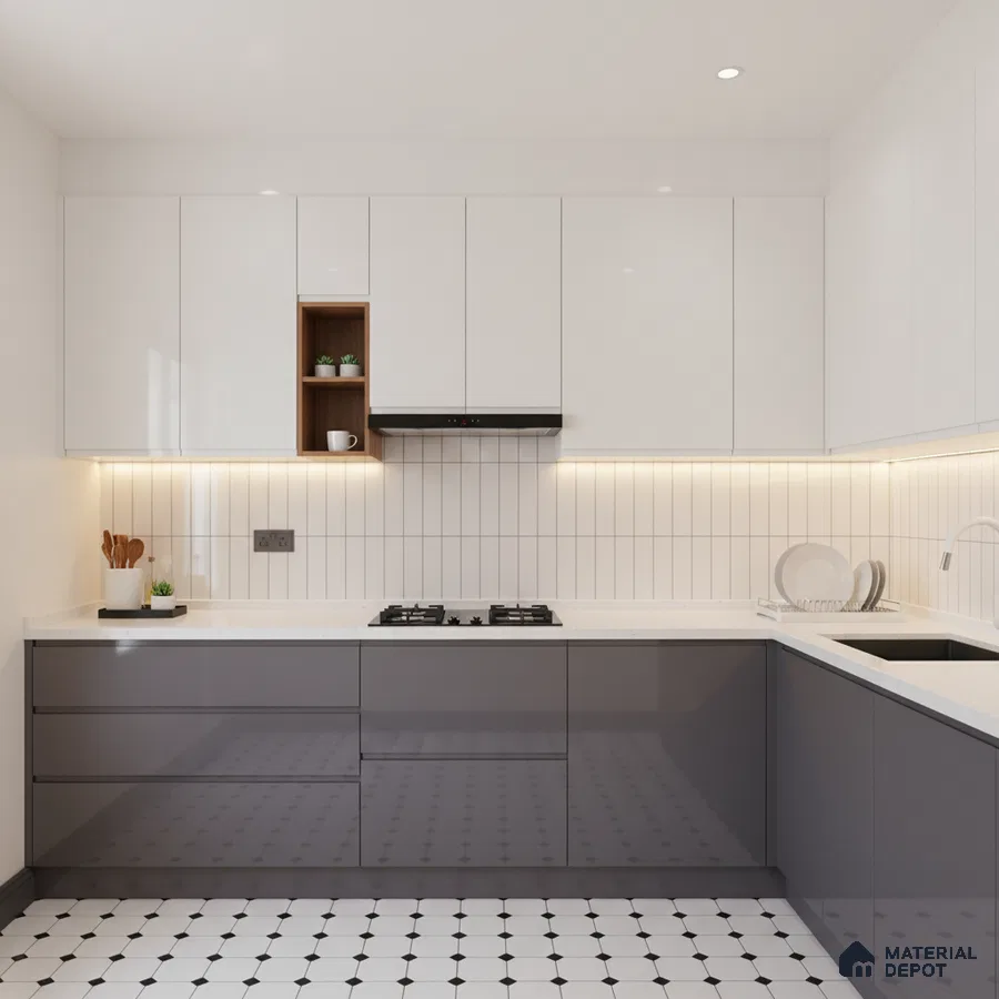 Modern kitchen with glossy white and grey laminate, white quartz countertop, and geometric patterned floor tile in Bengaluru