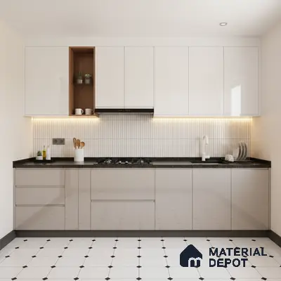 Modern kitchen with glossy white laminate cabinets, black quartz countertop, and white geometric floor tiles in Bengaluru