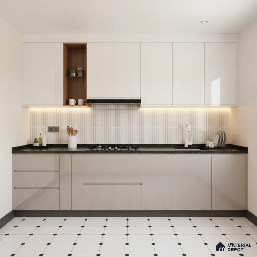 Modern kitchen with glossy white laminate cabinets, black quartz countertop, and white geometric floor tiles in Bengaluru