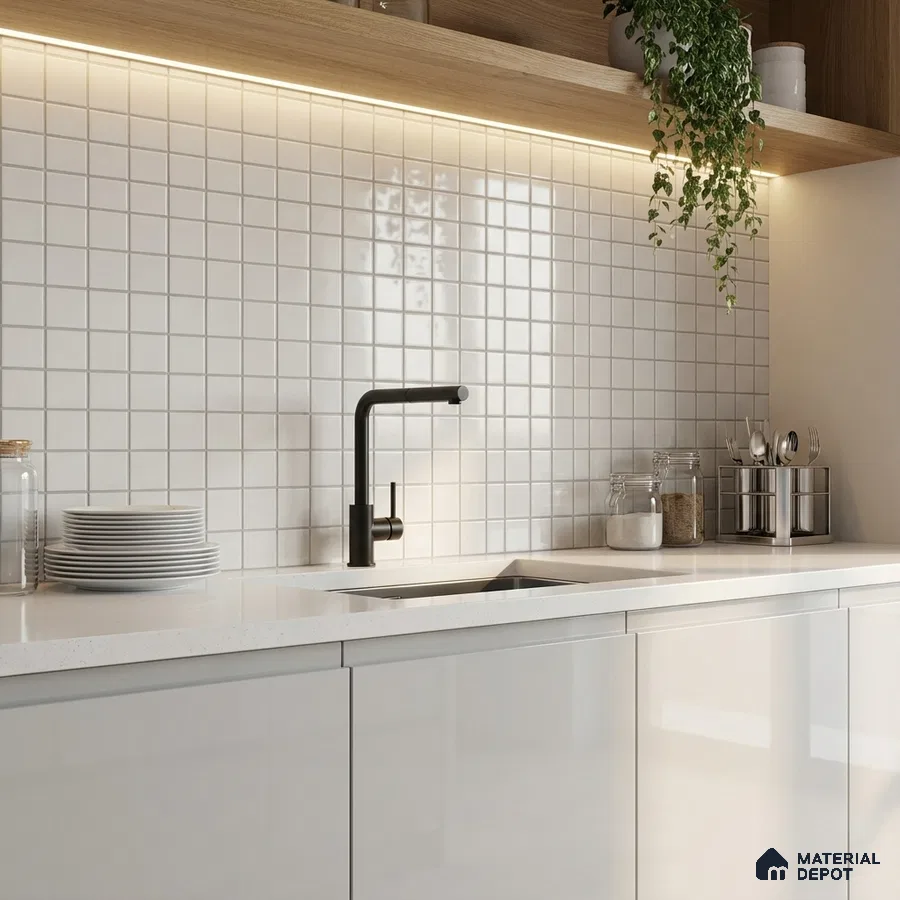 Modern kitchen with glossy white laminate cabinets, white quartz countertop, and white square backsplash tiles