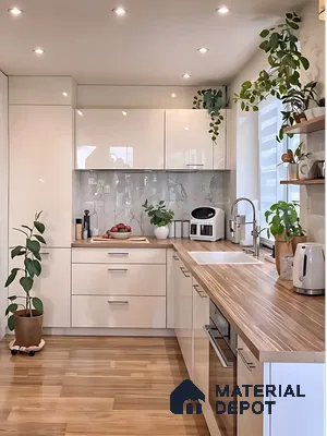Modern kitchen with glossy white laminate cabinets, wood countertop, and marble-look backsplash in Bengaluru | Material Depot