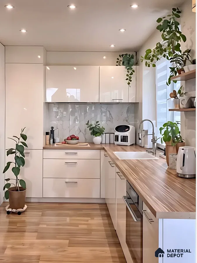 Modern kitchen with glossy white laminate cabinets, wood countertop, and marble-look backsplash in Bengaluru | Material Depot
