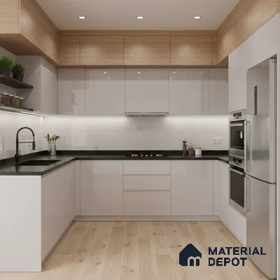Modern kitchen with glossy white laminate, light oak wood laminate, and black quartz countertop in Bengaluru