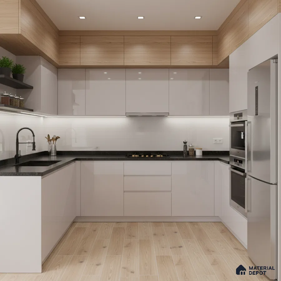 Modern kitchen with glossy white laminate, light oak wood laminate, and black quartz countertop in Bengaluru