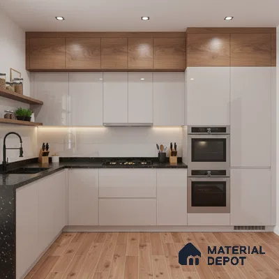 Modern kitchen with glossy white laminate, walnut wood laminate, and black quartz countertop in Bengaluru