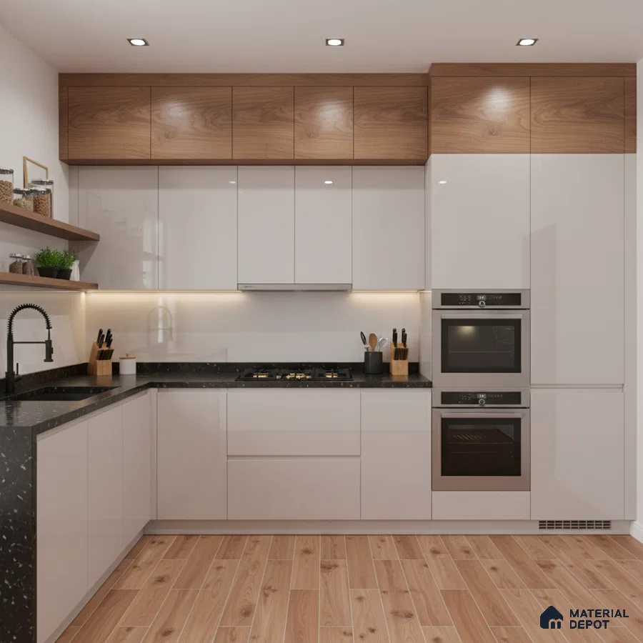 Modern kitchen with glossy white laminate, walnut wood laminate, and black quartz countertop in Bengaluru