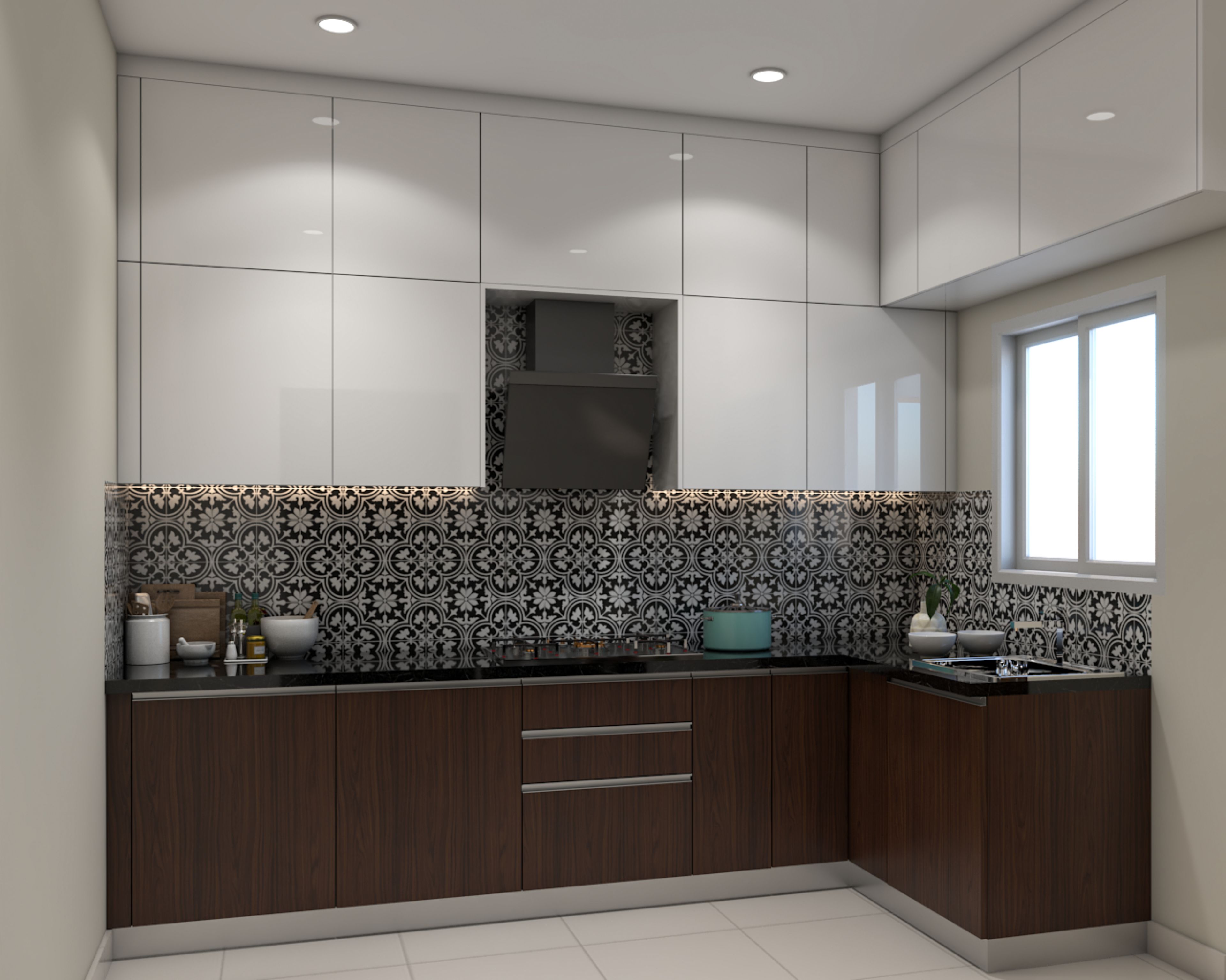 Modern kitchen with glossy white laminate, walnut wood laminate, and black-and-white moroccan backsplash tiles in Bengaluru | Material Depot
