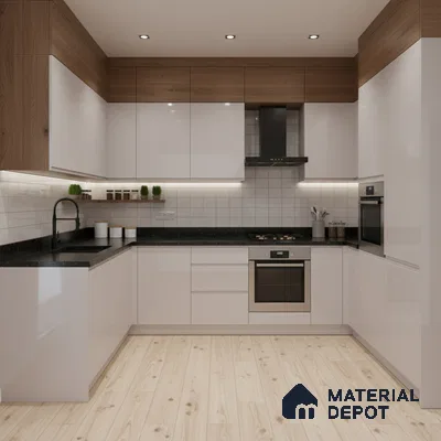 Modern kitchen with glossy white laminate, walnut wood laminate, black quartz countertop, and light wood floor tile in Bengaluru