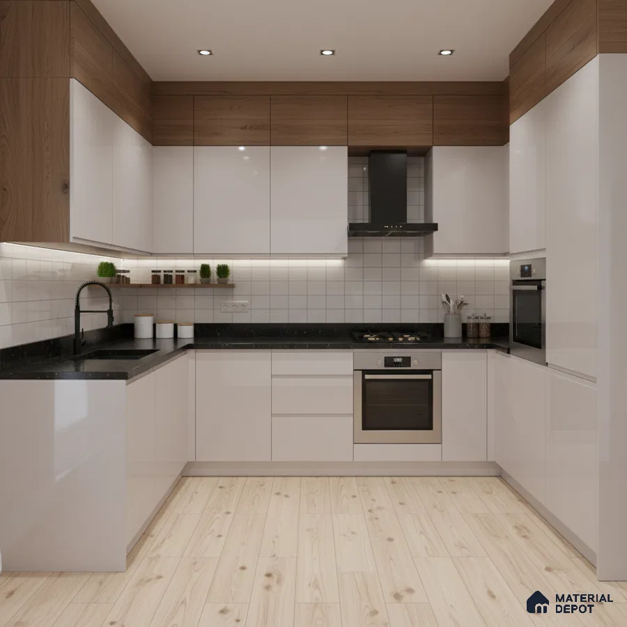 Modern kitchen with glossy white laminate, walnut wood laminate, black quartz countertop, and light wood floor tile in Bengaluru