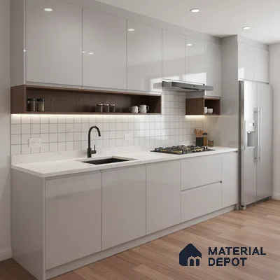 Modern kitchen with glossy white laminate, white quartz countertop, and walnut open shelf in Bengaluru