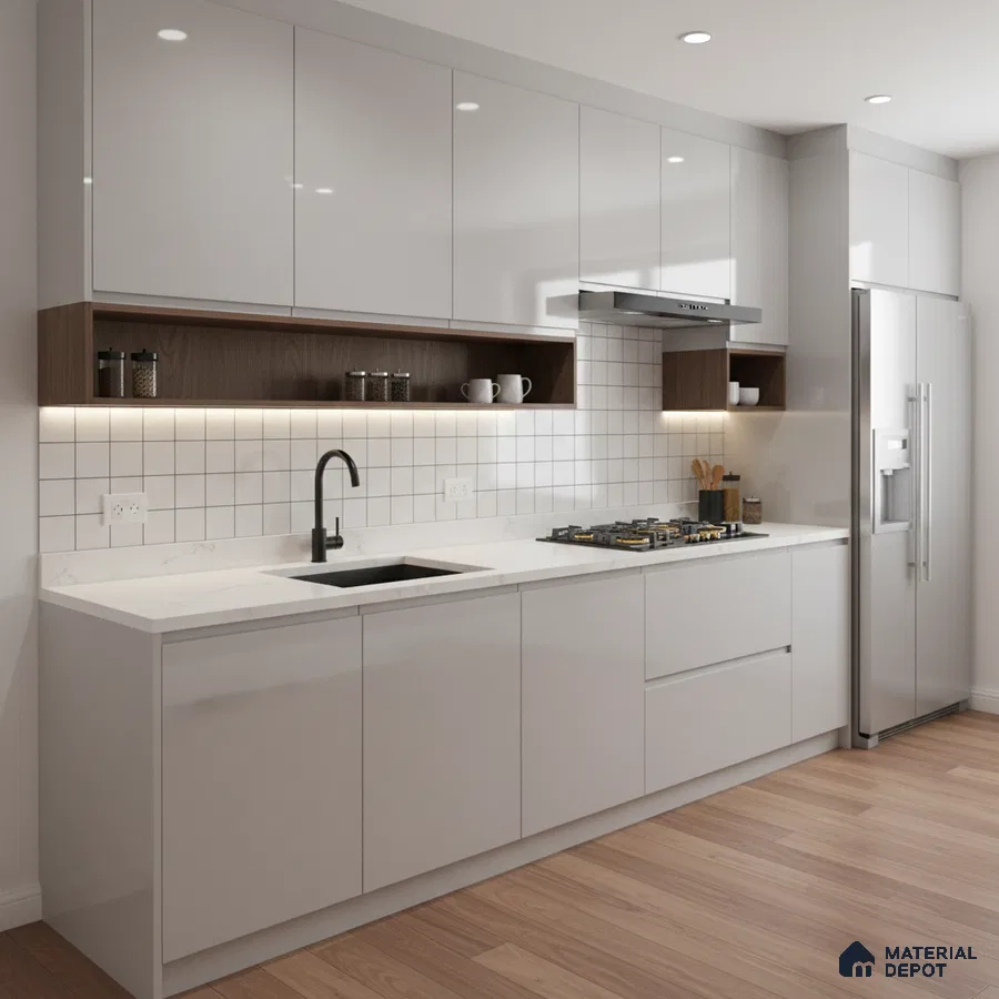 Modern kitchen with glossy white laminate, white quartz countertop, and walnut open shelf in Bengaluru