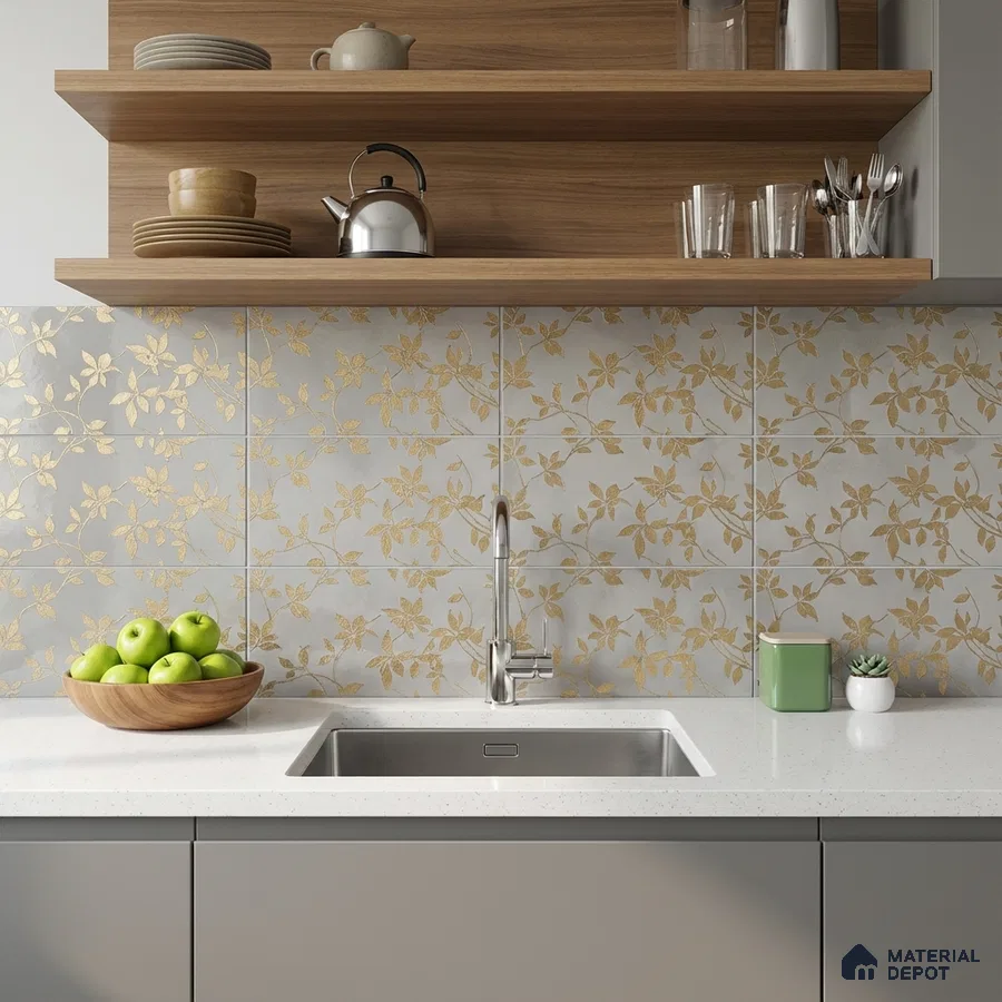 Modern kitchen with gold floral patterned backsplash tile, white quartz countertop, and light grey laminate cabinets