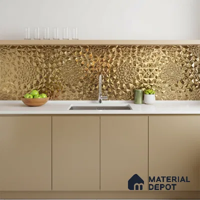 Modern kitchen with gold geometric 3D backsplash tile and beige matte laminate cabinets