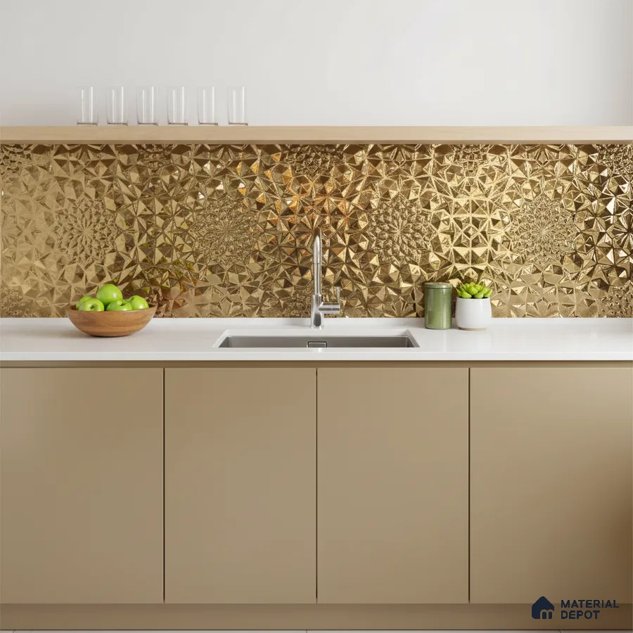 Modern kitchen with gold geometric 3D backsplash tile and beige matte laminate cabinets
