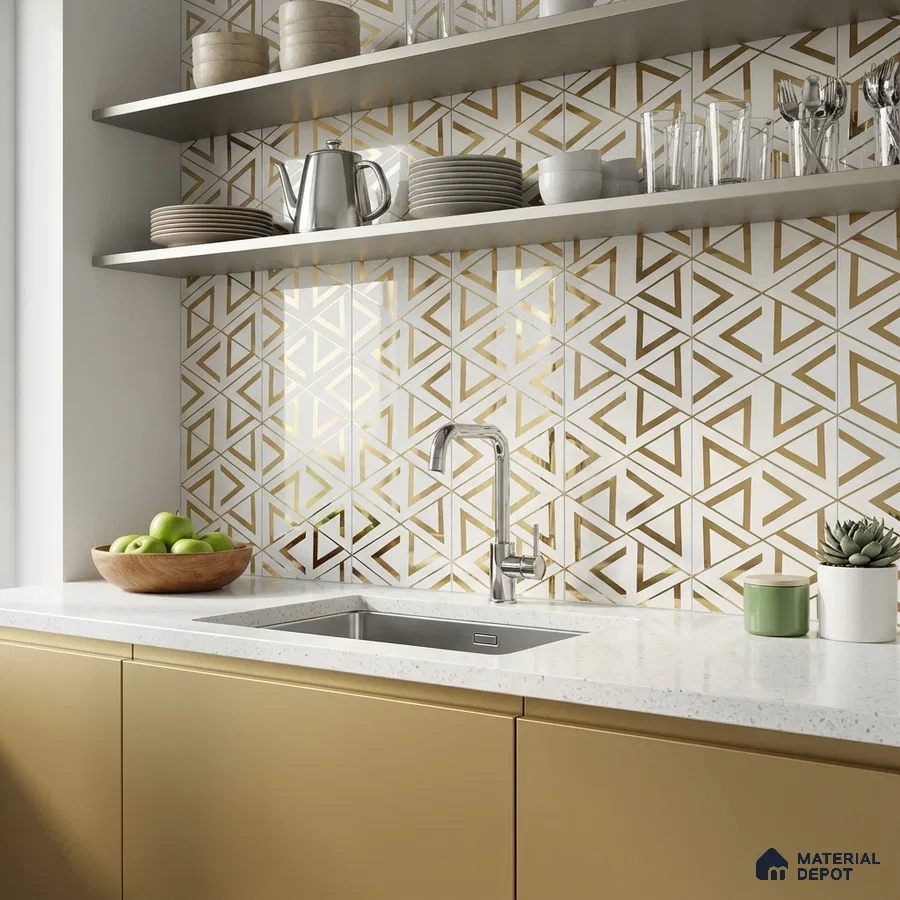 Modern kitchen with gold geometric backsplash tile, matte beige laminate cabinets, and white quartz countertop