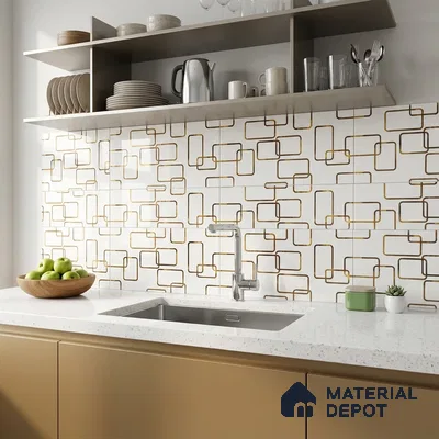Modern kitchen with gold geometric patterned backsplash tile and white quartz countertop
