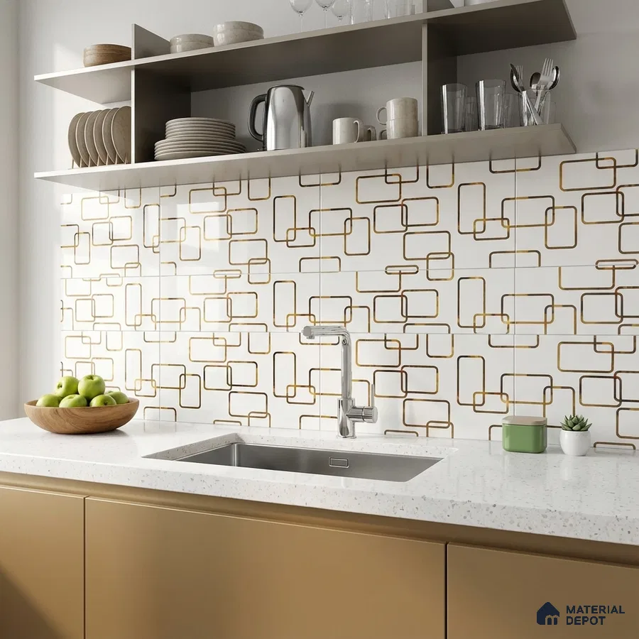 Modern kitchen with gold geometric patterned backsplash tile and white quartz countertop