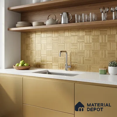Modern kitchen with gold metallic backsplash tile, matte gold laminate cabinets, and white quartz countertop