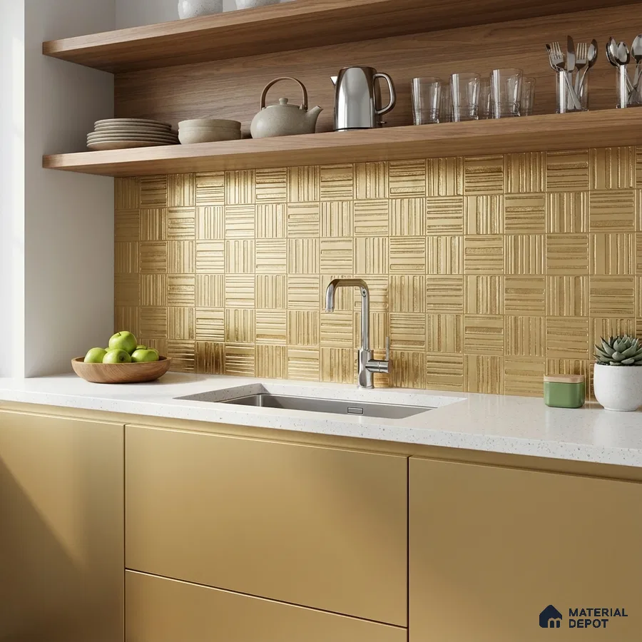 Modern kitchen with gold metallic backsplash tile, matte gold laminate cabinets, and white quartz countertop