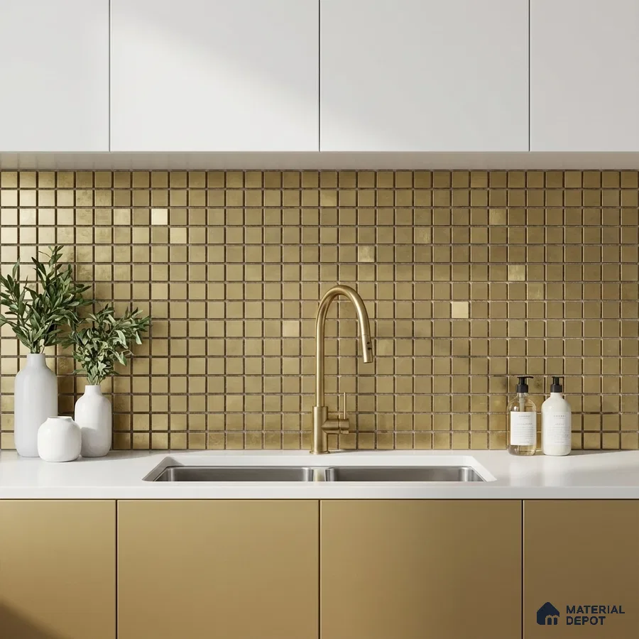 Modern kitchen with gold metallic mosaic backsplash tile, white quartz countertop, and matte gold laminate cabinets