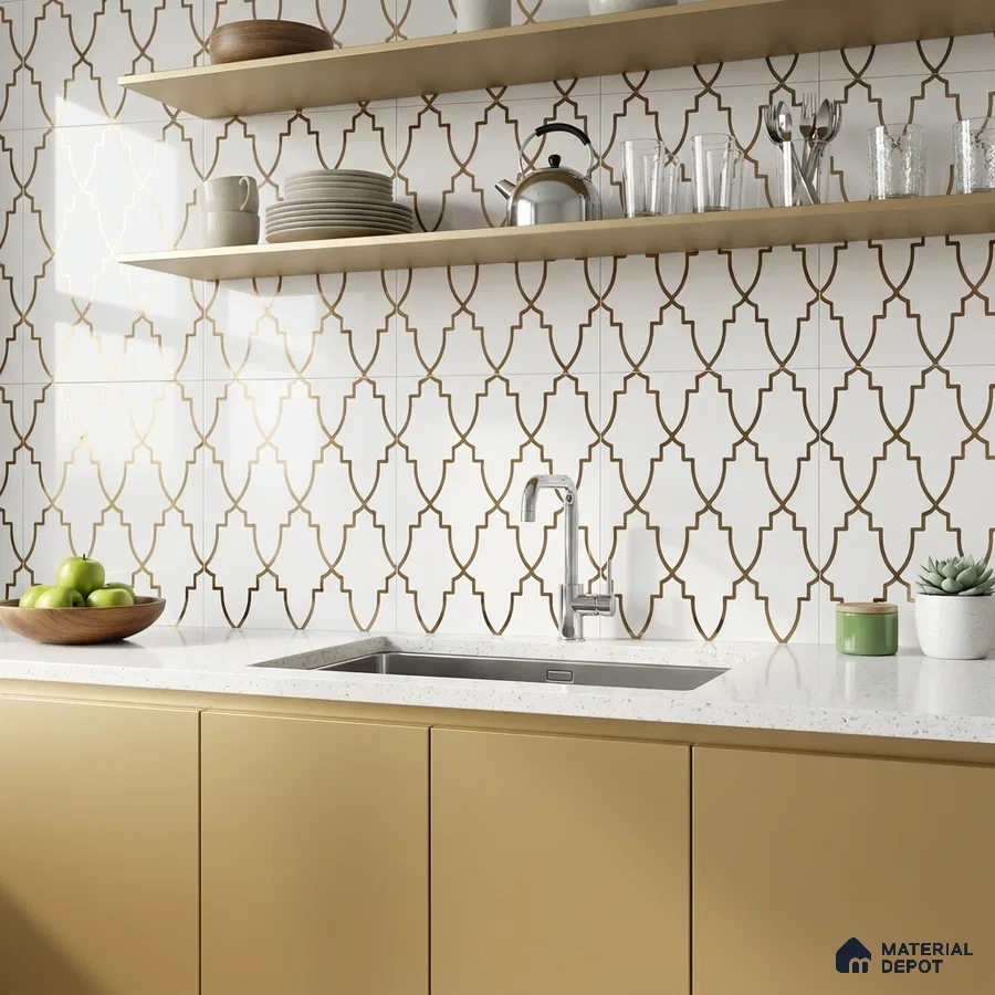 Modern kitchen with gold patterned wall tiles, matte beige laminate cabinets, and white quartz countertop
