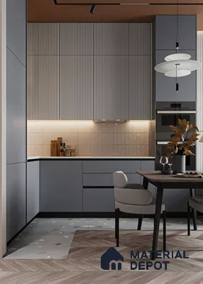 Modern Kitchen with Gray Cabinets and Herringbone Flooring | Material Depot
