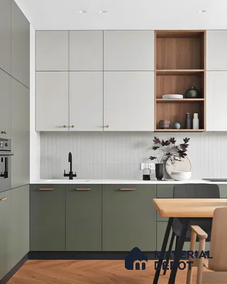 Modern Kitchen With Green And White Cabinets And Open Wooden Shelving | Material Depot