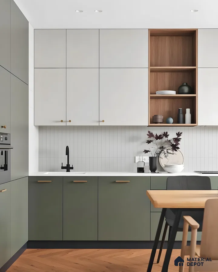 Modern Kitchen With Green And White Cabinets And Open Wooden Shelving | Material Depot