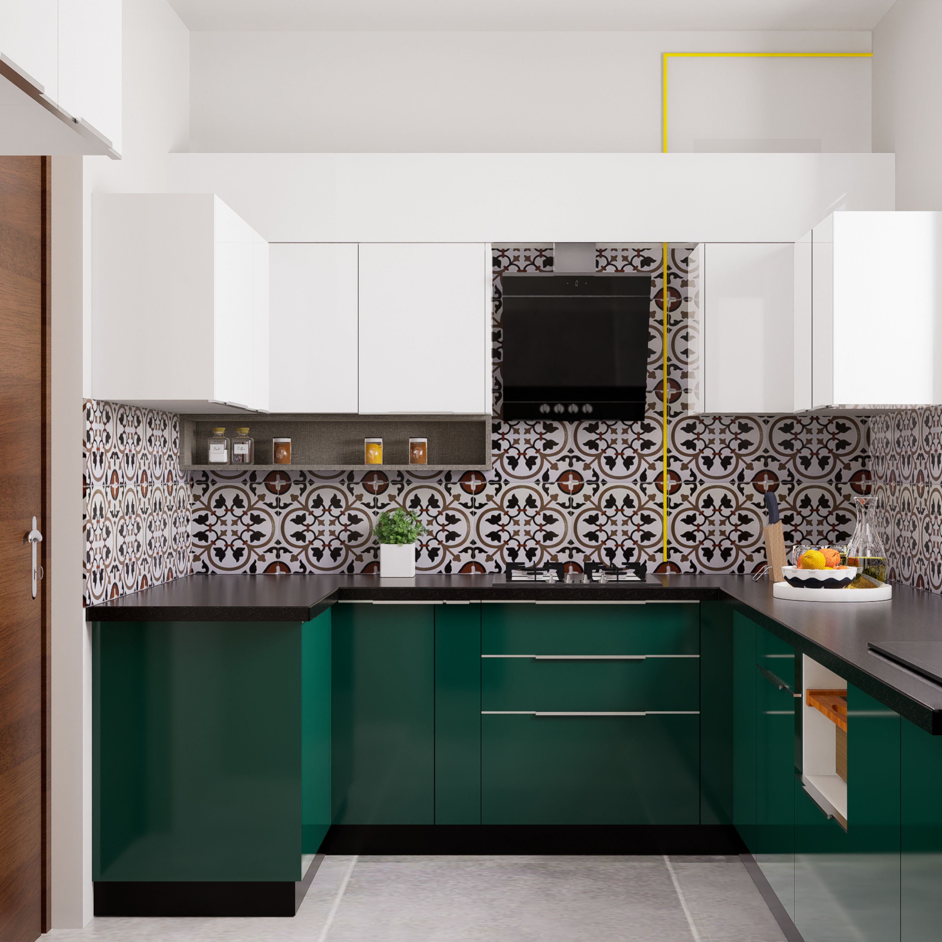 Modern kitchen with green and white laminate cabinets, black countertop, and patterned moroccan backsplash tiles in Bengaluru | Material Depot