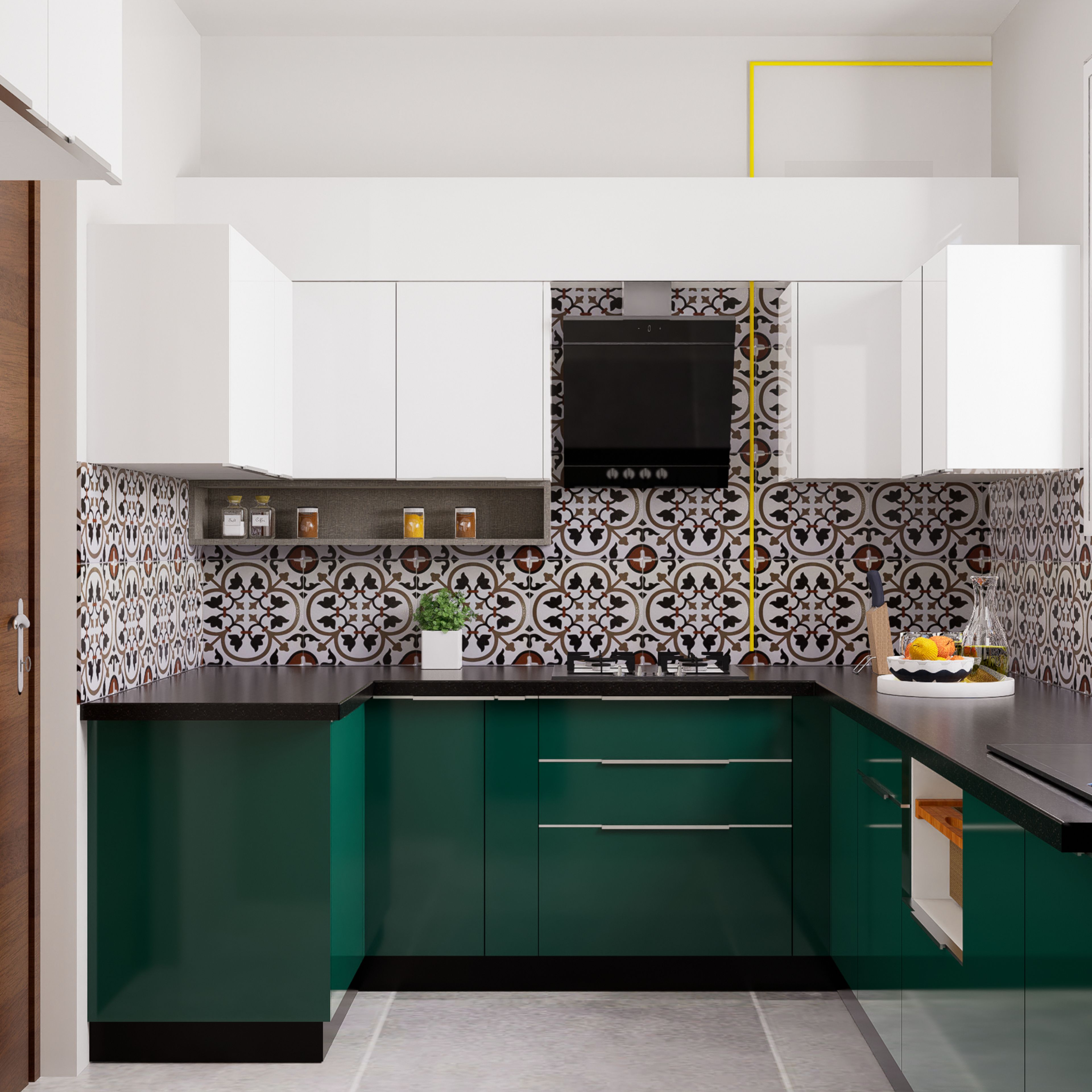 Modern kitchen with green high gloss laminate, white laminate, and patterned moroccan backsplash tiles in Bengaluru | Material Depot