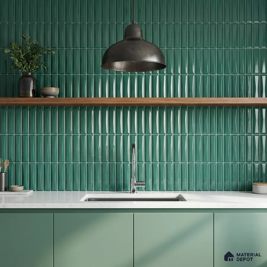 Modern kitchen with green kitkat wall tiles, pastel green laminate cabinets, and white quartz countertop