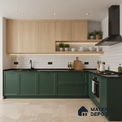 Modern kitchen with green laminate base cabinets, light oak laminate upper cabinets, and white subway tile backsplash in Bengaluru