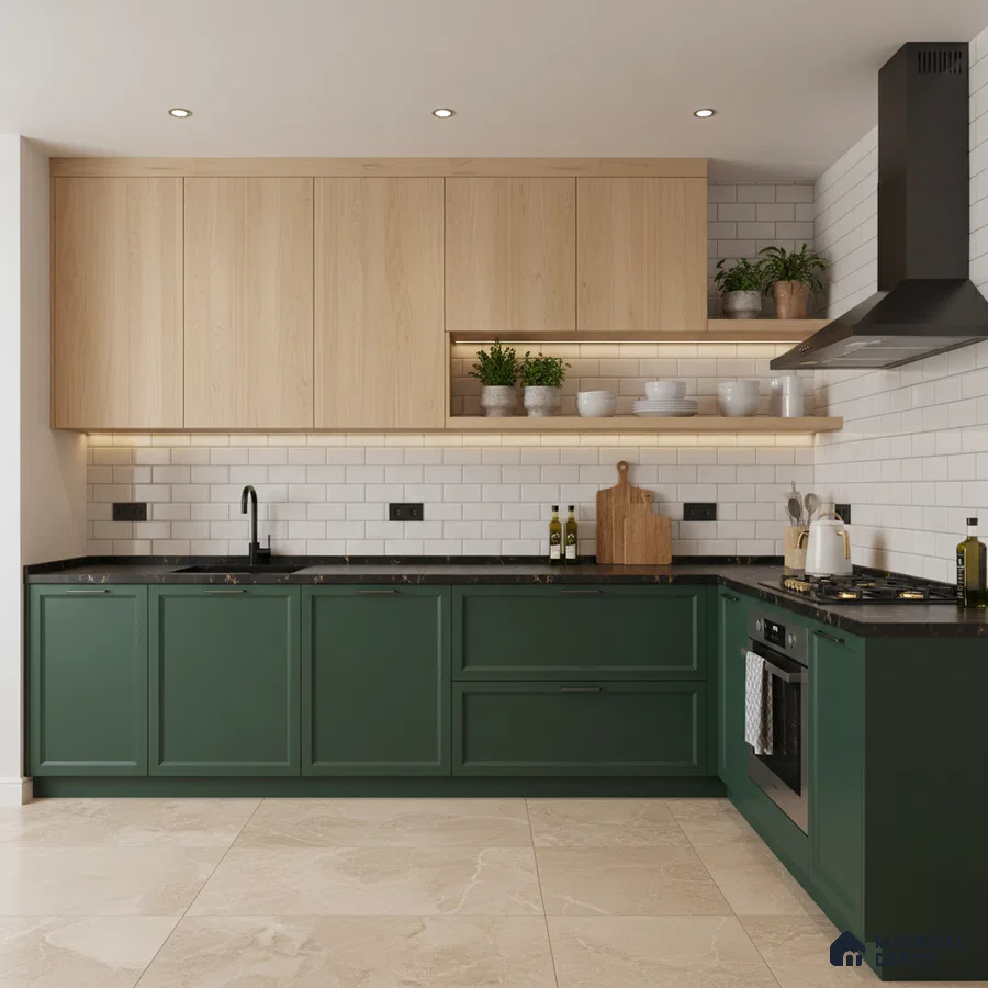 Modern kitchen with green laminate base cabinets, light oak laminate upper cabinets, and white subway tile backsplash in Bengaluru