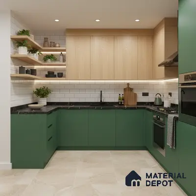 Modern kitchen with green laminate base cabinets, light oak laminate wall cabinets, and black marble countertop in Bengaluru