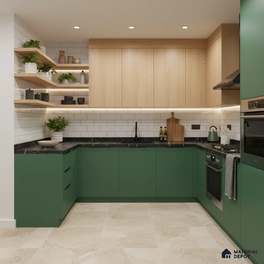 Modern kitchen with green laminate base cabinets, light oak laminate wall cabinets, and black marble countertop in Bengaluru