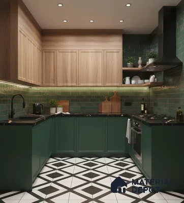 Modern kitchen with green laminate base cabinets, natural wood laminate overheads, green subway backsplash tile, and geometric black-and-white floor tile in Bengaluru