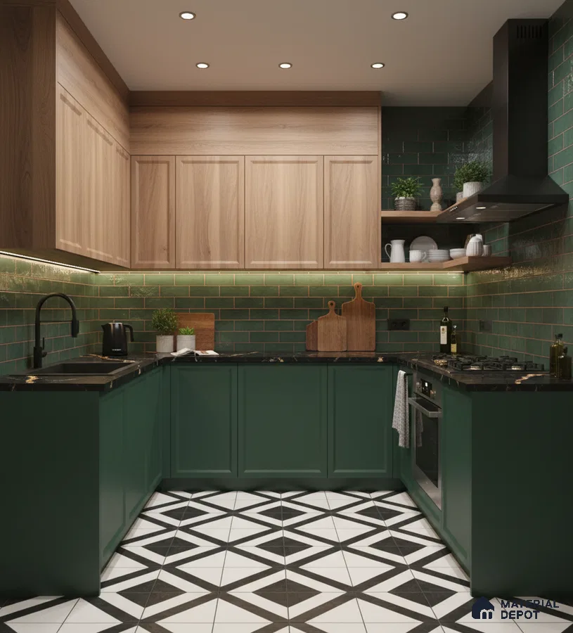 Modern kitchen with green laminate base cabinets, natural wood laminate overheads, green subway backsplash tile, and geometric black-and-white floor tile in Bengaluru