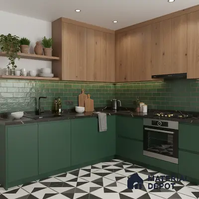 Modern kitchen with green laminate base cabinets, wood grain laminate upper cabinets, green subway tile backsplash, and geometric black-and-white floor tiles in Bengaluru