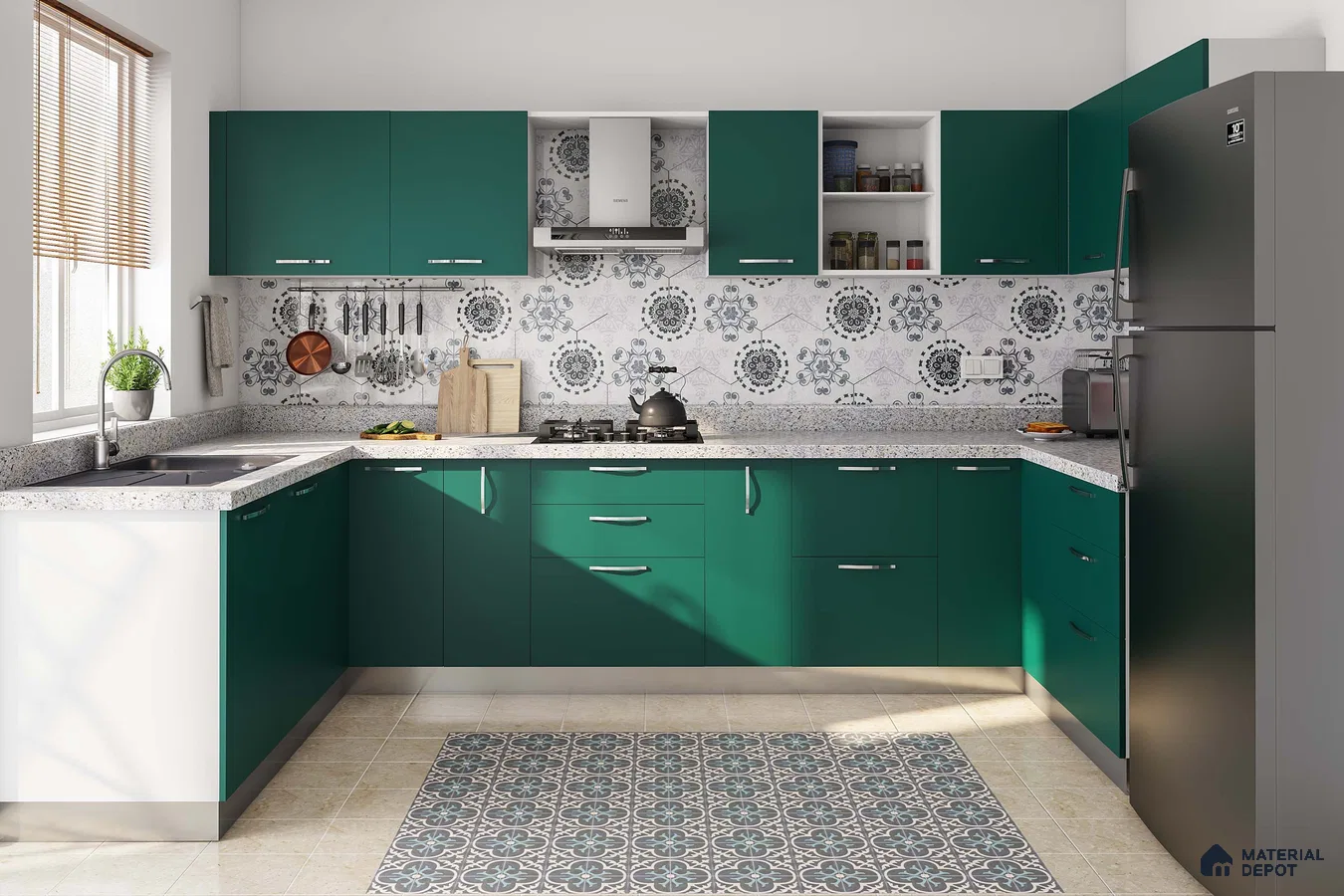 Modern kitchen with green laminate cabinets, terrazzo countertop, and floral patterned backsplash tiles in Bengaluru | Material Depot