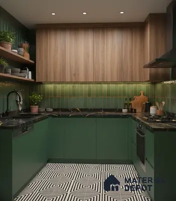 Modern kitchen with green laminate cabinets, walnut wood laminate, green subway backsplash tile, and geometric black-and-white floor tile in Bengaluru