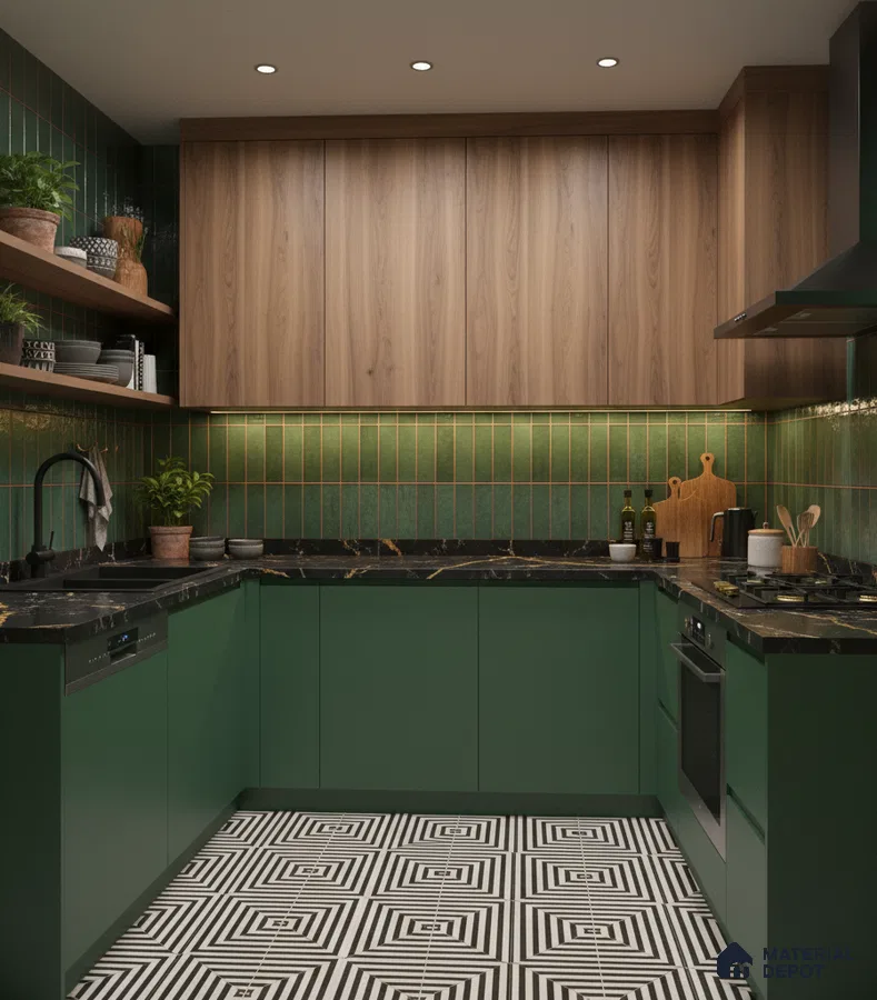 Modern kitchen with green laminate cabinets, walnut wood laminate, green subway backsplash tile, and geometric black-and-white floor tile in Bengaluru