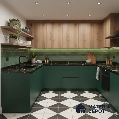Modern kitchen with green laminate cabinets, wood laminate shutters, green subway backsplash tile, and black marble countertop in Bengaluru